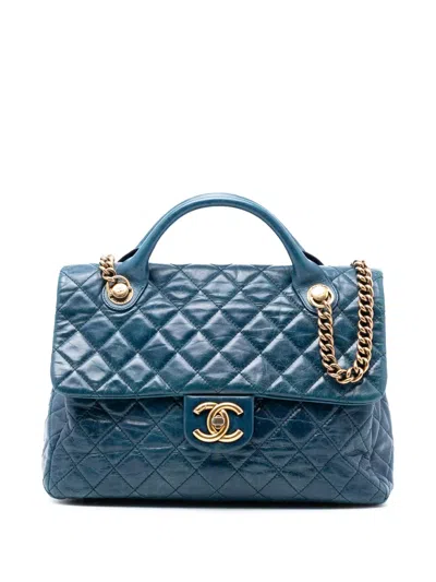 Pre-owned Chanel 2014 Large Glazed Calfskin Castle Rock Top Handle Flap Satchel In Blue