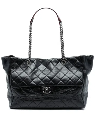 Pre-owned Chanel 2014 Large Quilted Glazed Calfskin Duo Color Tote Bag In Black