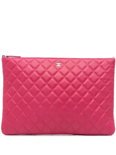 Pre-owned Chanel 2014 Large Quilted Lambskin O Case Clutch Bag In Pink