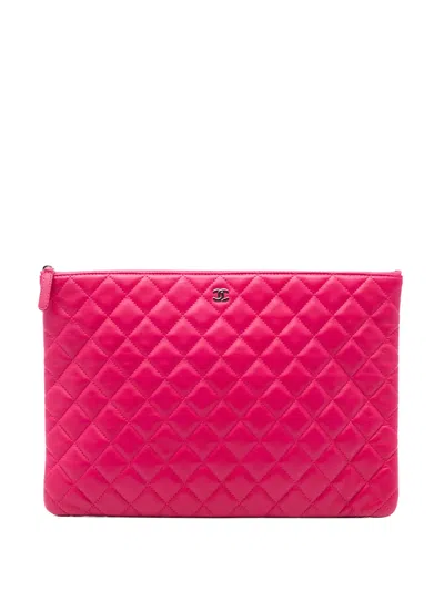 Pre-owned Chanel 2014 Large Quilted Lambskin O Case Clutch Bag In Pink