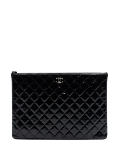 Pre-owned Chanel 2014 Large Quilted Patent O Case Clutch Bag In Black