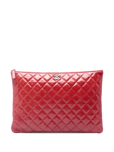 Pre-owned Chanel 2014 Large Quilted Patent O Case Clutch Bag In Red