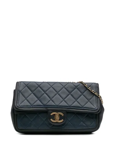 Pre-owned Chanel 2014 Medium Bicolor Calfskin Graphic Flap Shoulder Bag In Blue