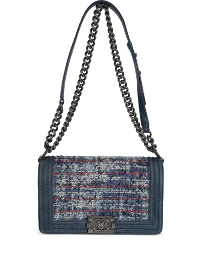 Pre-owned Chanel 2014 Medium Boy  Tweed Shoulder Bag In Blue