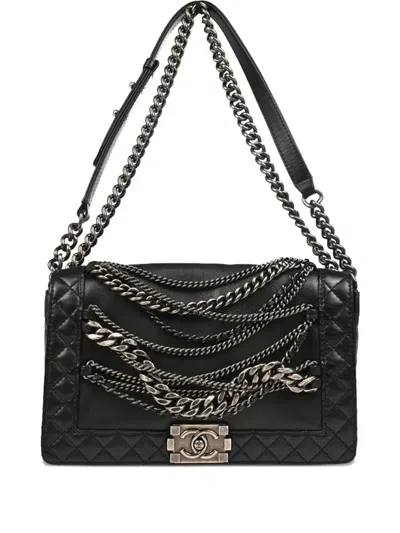 Pre-owned Chanel 2014 Medium Boy Reverso  Quilted Lambskin Shoulder Bag In Black