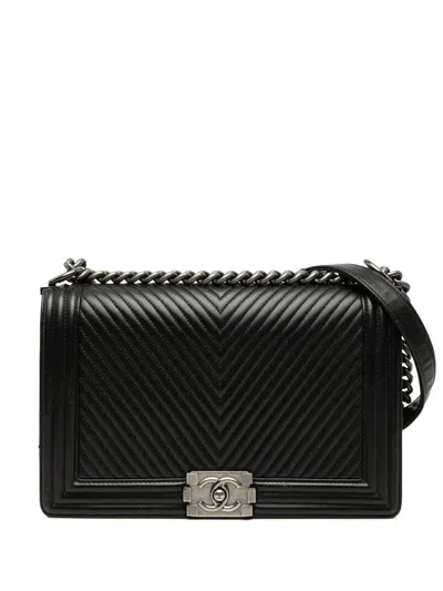 Pre-owned Chanel 2014 Medium Chevron Lambskin Boy Flap Crossbody Bag In Black