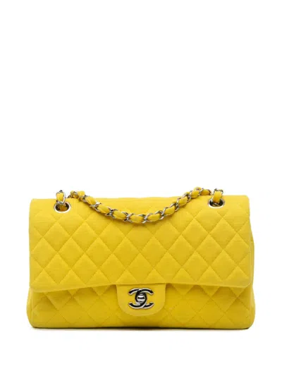 Pre-owned Chanel 2014 Medium Classic Jersey Double Flap Shoulder Bag In 黄色