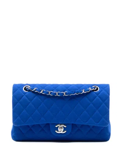 Pre-owned Chanel 2014 Medium Classic Jersey Double Flap Shoulder Bag In Blue