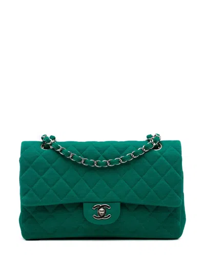 Pre-owned Chanel 2014 Medium Classic Jersey Double Flap Shoulder Bag In Green