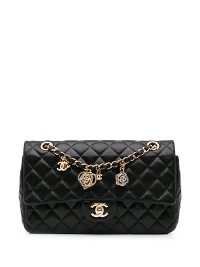 Pre-owned Chanel 2014 Medium Classic Lambskin Valentines Heart Charms Single Flap Shoulder Bag In Black