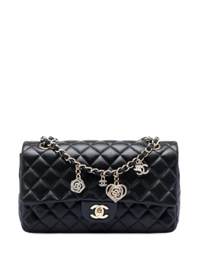 Pre-owned Chanel 2014 Medium Classic Lambskin Valentines Heart Charms Single Flap Shoulder Bag In Black