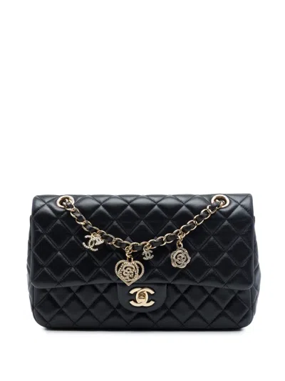 Pre-owned Chanel 2014 Medium Classic Lambskin Valentines Heart Charms Single Flap Shoulder Bag In Black
