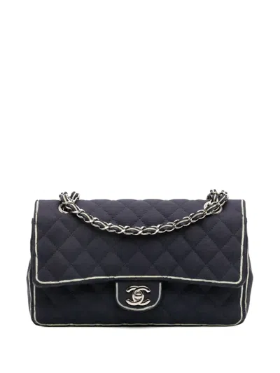 Pre-owned Chanel 2014 Medium Classic Printed Grosgrain Double Flap Shoulder Bag In Blue