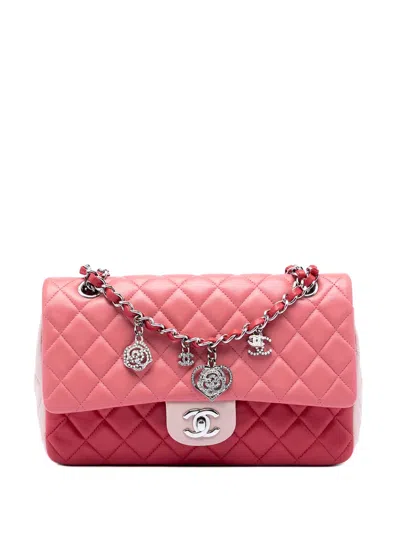 Pre-owned Chanel 2014 Medium Classic Tricolor Lambskin Valentines Heart Charms Single Flap Shoulder Bag In Pink