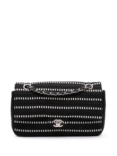 Pre-owned Chanel 2014 Medium Classic Tweed Striped Ribbon Double Flap Shoulder Bag In Black