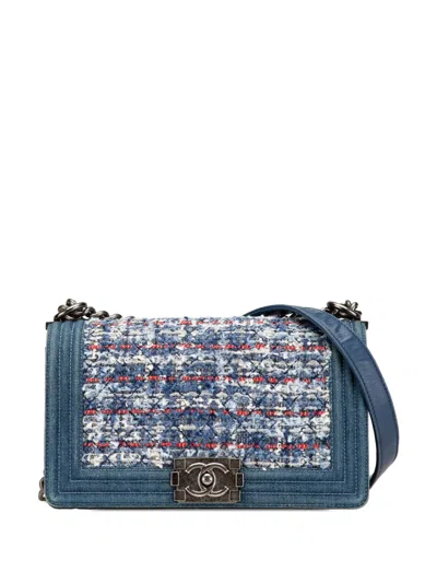 Pre-owned Chanel 2014 Medium Denim And Tweed Boy Bag Crossbody Bag In Blue