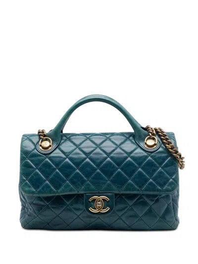 Pre-owned Chanel 2014 Medium Glazed Calfskin Castle Rock Top Handle Flap Satchel In Blue