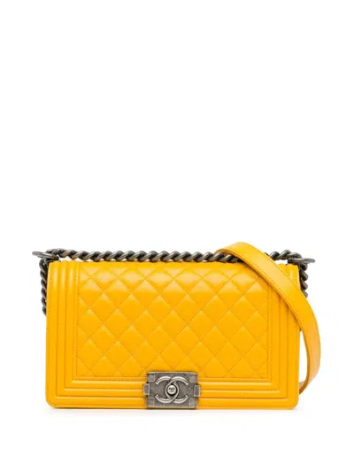 Pre-owned Chanel 2014 Medium Lambskin Boy Flap Crossbody Bag In Yellow