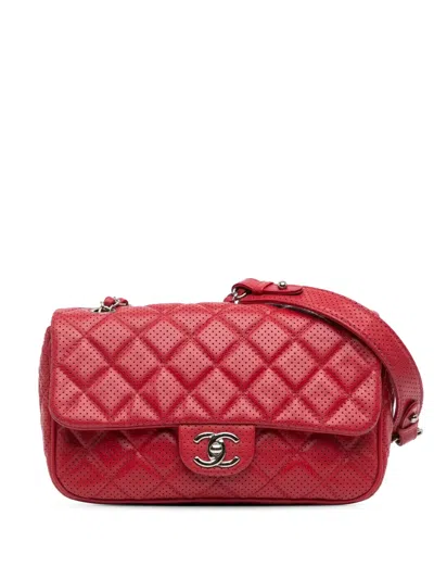 Pre-owned Chanel 2014 Medium Perforated Lambskin Punch Flap Shoulder Bag In Red