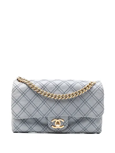 Pre-owned Chanel 2014 Medium Quilted Calfskin Triple Stitched Flap Crossbody Bag In Blue