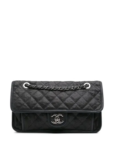 Pre-owned Chanel 2014 Medium Quilted Caviar French Riviera Flap Shoulder Bag In Black