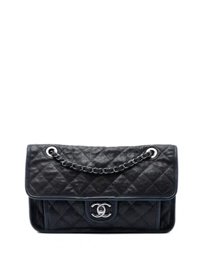 Pre-owned Chanel 2014 Medium Quilted Caviar French Riviera Flap Shoulder Bag In Blue