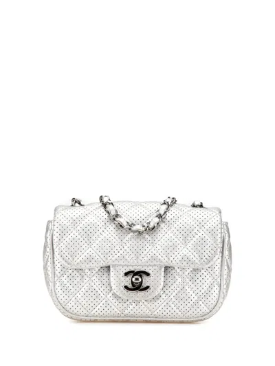 Pre-owned Chanel 2014 Mini Perforated Lambskin Punch Flap Crossbody Bag In Silver