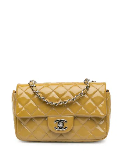 Pre-owned Chanel 2014 Mini Rectangular Classic Patent Single Flap Crossbody Bag In Yellow
