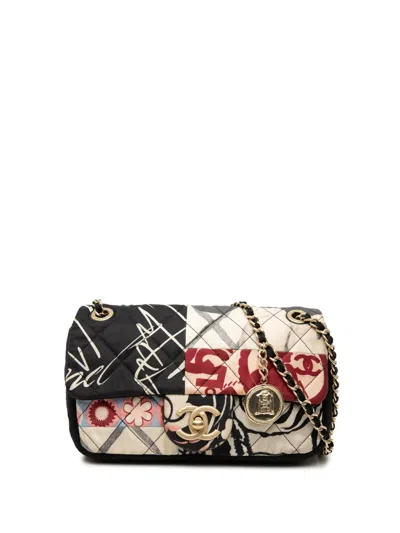 Pre-owned Chanel 2014 Mini Rectangular Printed Nylon And Jersey Patchwork Single Flap Shoulder Bag In Black