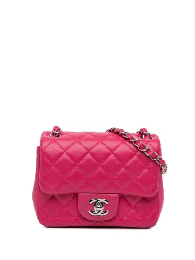 Pre-owned Chanel 2014 Mini Square Classic Lambskin Single Flap Crossbody Bag In Pink