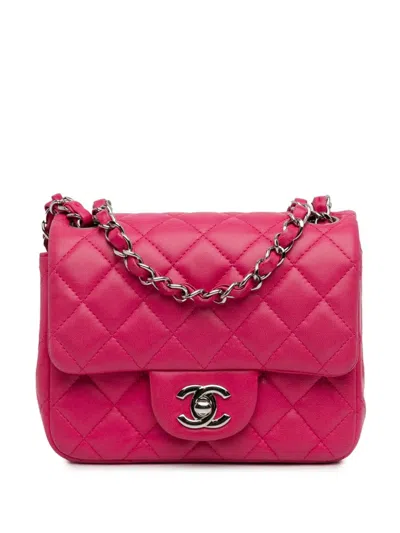 Pre-owned Chanel 2014 Mini Square Classic Lambskin Single Flap Crossbody Bag In Pink