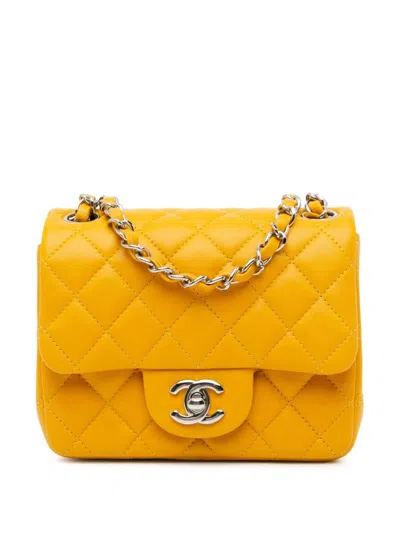 Pre-owned Chanel 2014 Mini Square Classic Lambskin Single Flap Crossbody Bag In Yellow