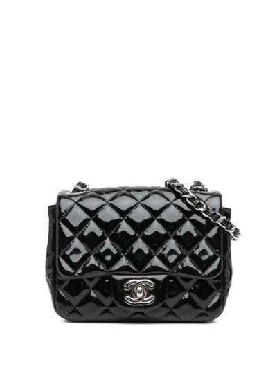 Pre-owned Chanel 2014 Mini Square Classic Patent Single Flap Crossbody Bag In Black