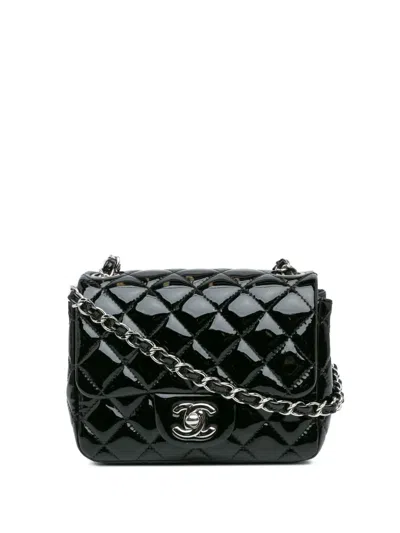 Pre-owned Chanel 2014 Mini Square Classic Patent Single Flap Crossbody Bag In Black