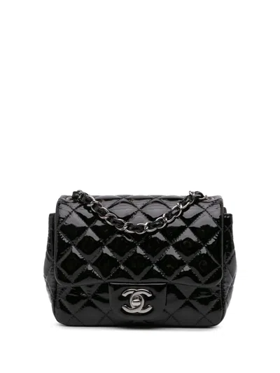 Pre-owned Chanel 2014 Mini Square Classic Patent Single Flap Crossbody Bag In Black