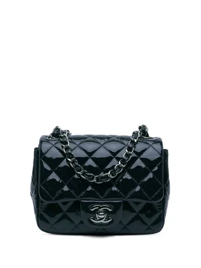 Pre-owned Chanel 2014 Mini Square Classic Patent Single Flap Crossbody Bag In Blue
