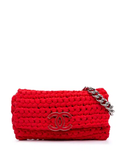 Pre-owned Chanel 2014 Neoprene Fancy Crochet Flap Shoulder Bag In Red