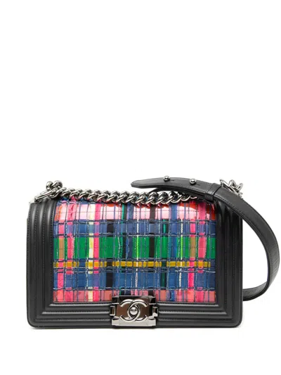 Pre-owned Chanel 2014 Old Medium Lambskin And Woven Pvc Boy Flap Crossbody Bag In Black