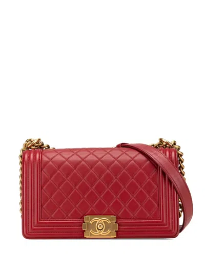 Pre-owned Chanel 2014 Old Medium Lambskin Boy Flap Crossbody Bag In Red