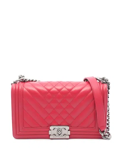 Pre-owned Chanel 2014 Old Medium Quilted Lambskin Boy Flap Crossbody Bag In Red