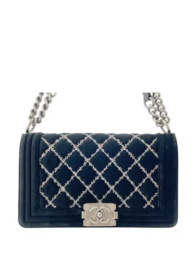 Pre-owned Chanel 2014 Old Medium Quilted Velvet Stitched Boy Flap Crossbody Bag In Black