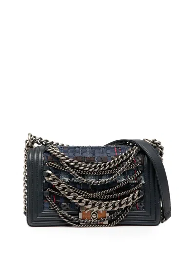 Pre-owned Chanel 2014 Old Medium Tweed Enchained Boy Flap Crossbody Bag In Blue