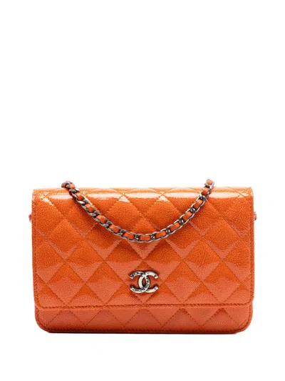 Pre-owned Chanel 2014 Paris Dallas Cc Quilted Patent Goatskin Wallet On Chain Crossbody Bag In Orange