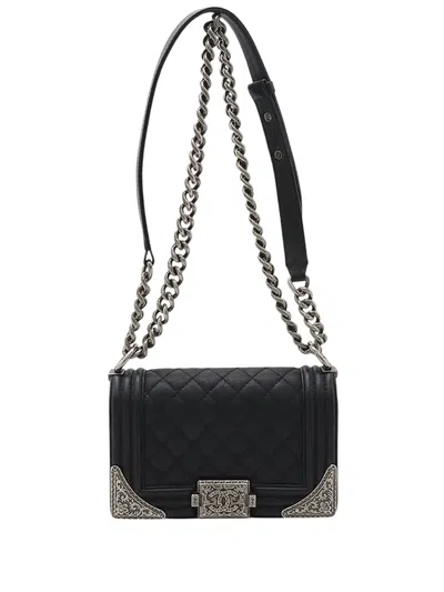 Pre-owned Chanel 2014 Paris Dallas Small Quilted Calfskin Cowboy Boy Flap Crossbody Bag In Black