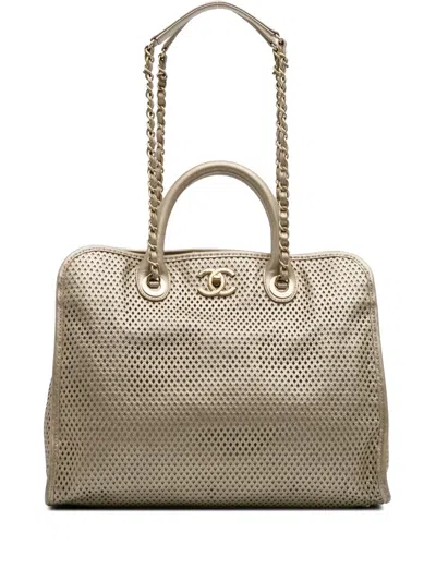 Pre-owned Chanel 2014 Perforated Metallic Calfskin Up In The Air Tote Satchel In Gold