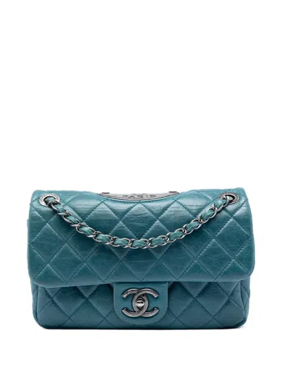 Pre-owned Chanel 2014 Quilted Calfskin Plaque Double Flap Shoulder Bag In Blue