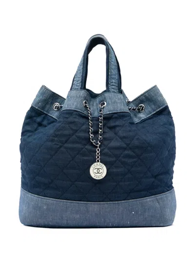 Pre-owned Chanel 2014 Quilted Denim Medallion Backpack In Blue