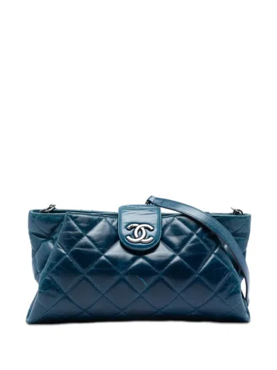 Pre-owned Chanel 2014 Quilted Glazed Calfskin Coco Pleats Chain Clutch Crossbody Bag In Blue