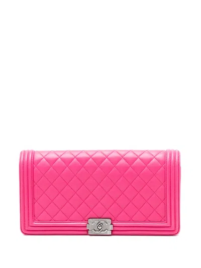 Pre-owned Chanel 2014 Quilted Lambskin Boy Flap Clutch Bag In Pink