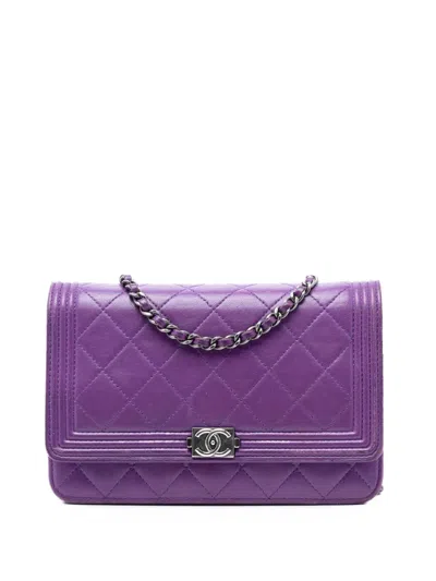Pre-owned Chanel 2014 Quilted Lambskin Boy Wallet On Chain Crossbody Bag In Purple